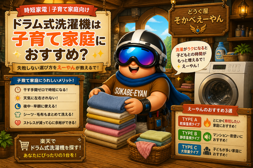 ドラム式洗濯機は子育て家庭におすすめ？失敗しない選び方をえーやんが正直に教えるで