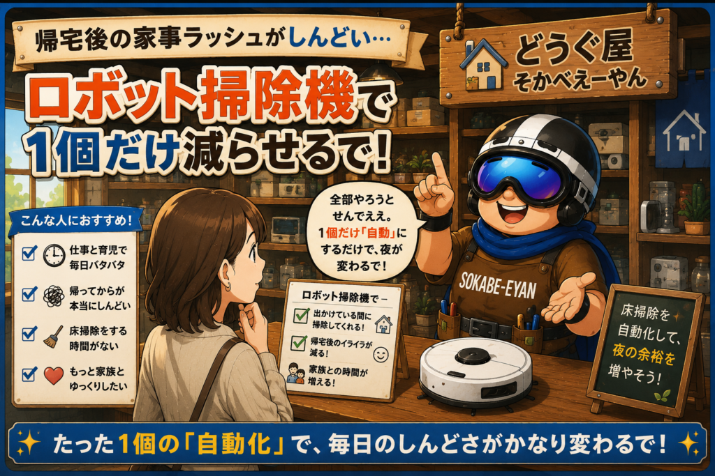 【帰宅後の家事ラッシュがしんどい】ロボット掃除機で1個だけ減らせるで！